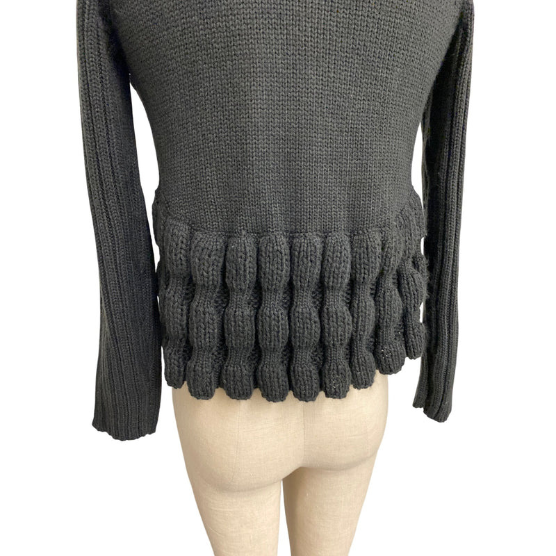 Spense Knits Chunky Knit Black Open Cardigan Shrug With Ruffle Trim & Tie Closure
