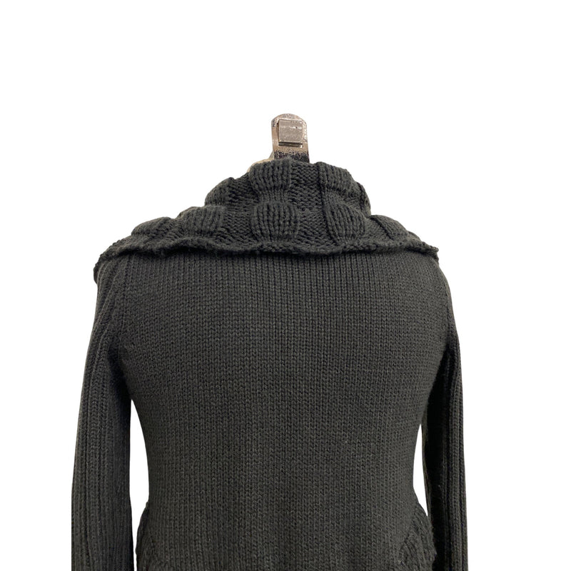 Spense Knits Chunky Knit Black Open Cardigan Shrug With Ruffle Trim & Tie Closure