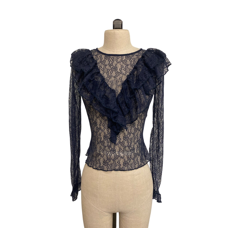 Zara Navy Lace Ruffle Long Sleeve Blouse S