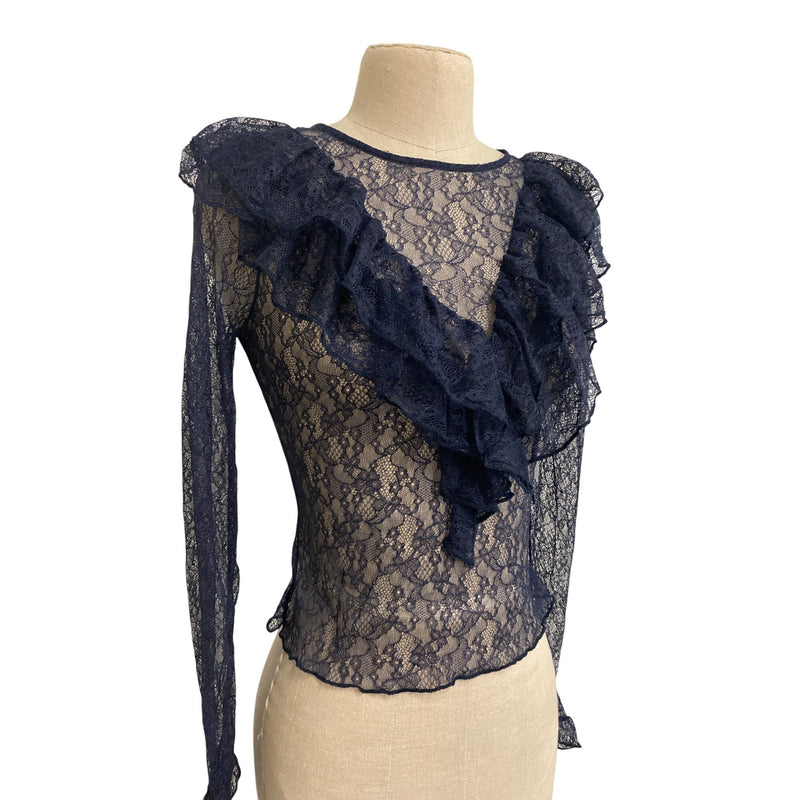 Zara Navy Lace Ruffle Long Sleeve Blouse S