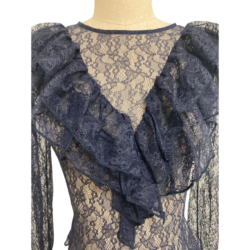 Zara Navy Lace Ruffle Long Sleeve Blouse S
