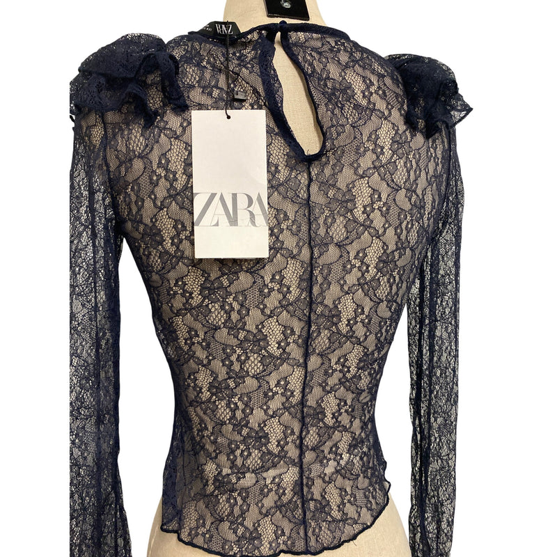 Zara Navy Lace Ruffle Long Sleeve Blouse S