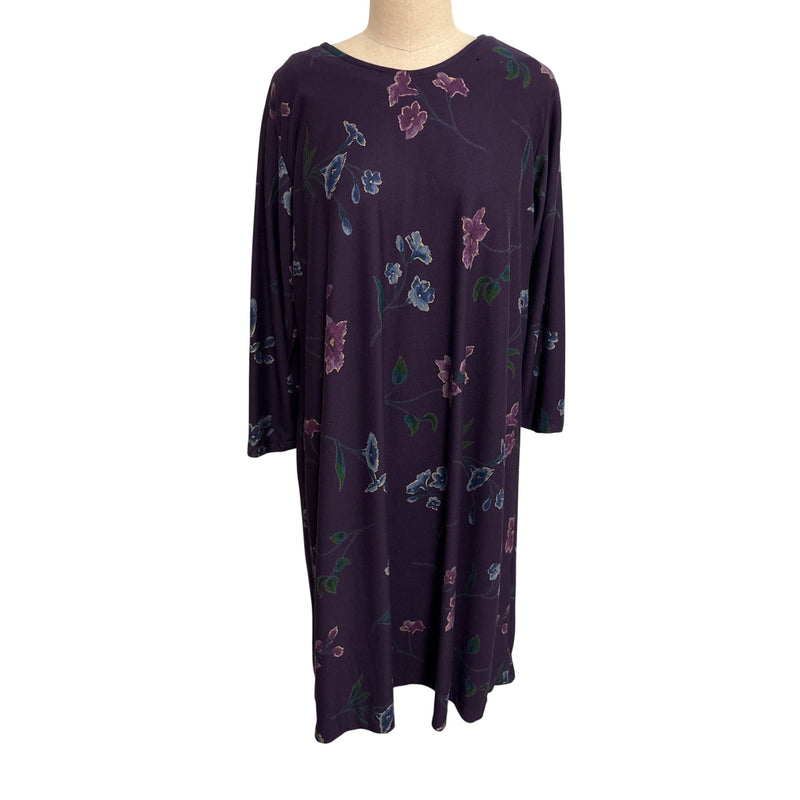 Vintage Purple Floral Print Tunic Dress 3/4 Sleeves Soft Fabric Relaxed Fit Fundraiser for Sustainable Fashion Education Program