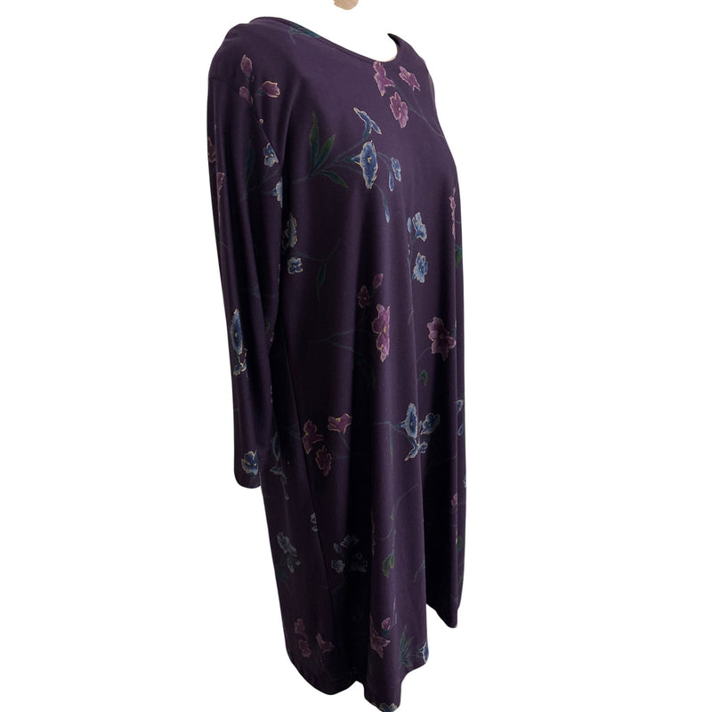 Vintage Purple Floral Print Tunic Dress 3/4 Sleeves Soft Fabric Relaxed Fit Fundraiser for Sustainable Fashion Education Program