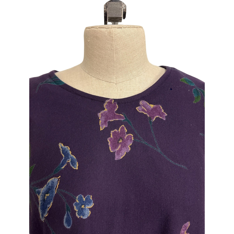 Vintage Purple Floral Print Tunic Dress 3/4 Sleeves Soft Fabric Relaxed Fit Fundraiser for Sustainable Fashion Education Program