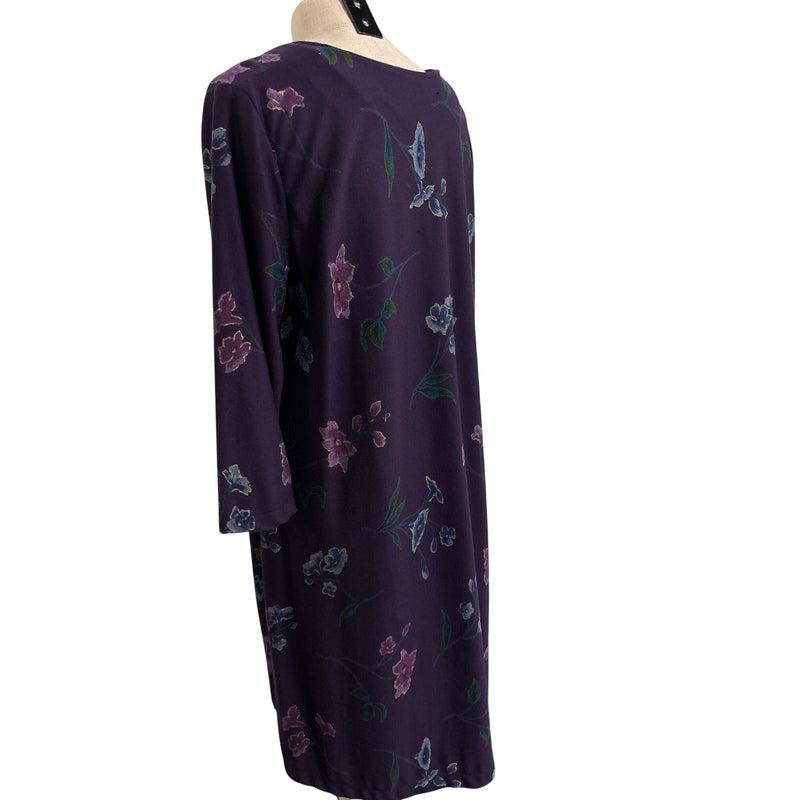 Vintage Purple Floral Print Tunic Dress 3/4 Sleeves Soft Fabric Relaxed Fit Fundraiser for Sustainable Fashion Education Program