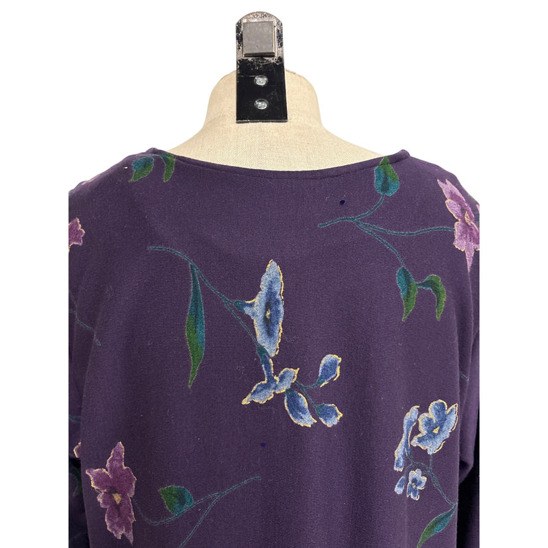 Vintage Purple Floral Print Tunic Dress 3/4 Sleeves Soft Fabric Relaxed Fit Fundraiser for Sustainable Fashion Education Program