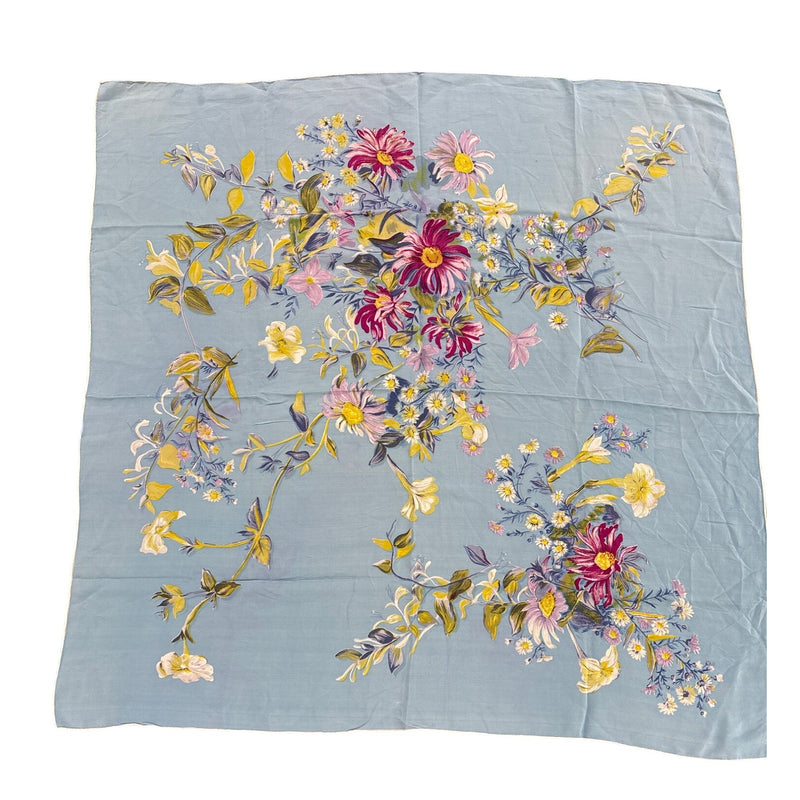 Vintage Floral Silk Scarf Handrolled Blue Soft Pastel Daisy Print Elegant Large Square Accessory Headwear