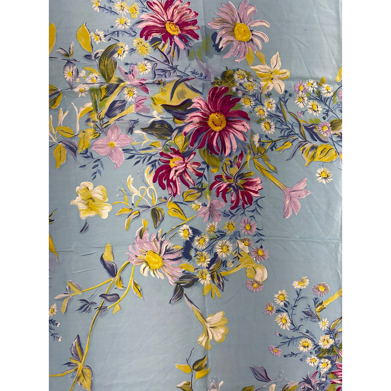 Vintage Floral Silk Scarf Handrolled Blue Soft Pastel Daisy Print Elegant Large Square Accessory Headwear