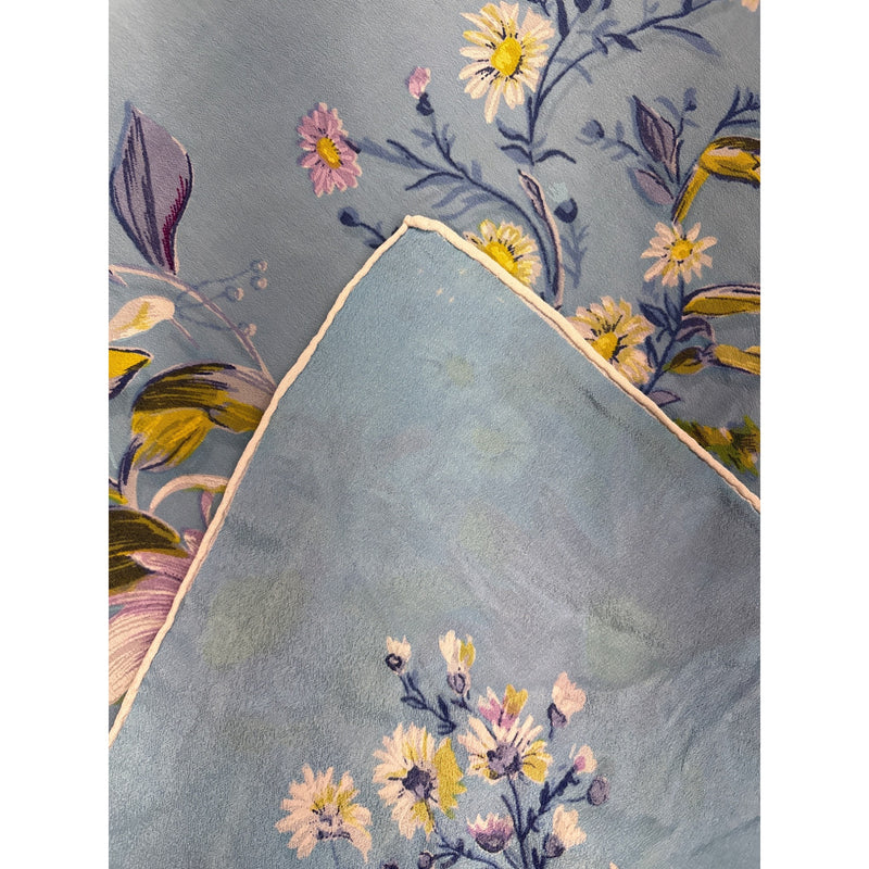 Vintage Floral Silk Scarf Handrolled Blue Soft Pastel Daisy Print Elegant Large Square Accessory Headwear