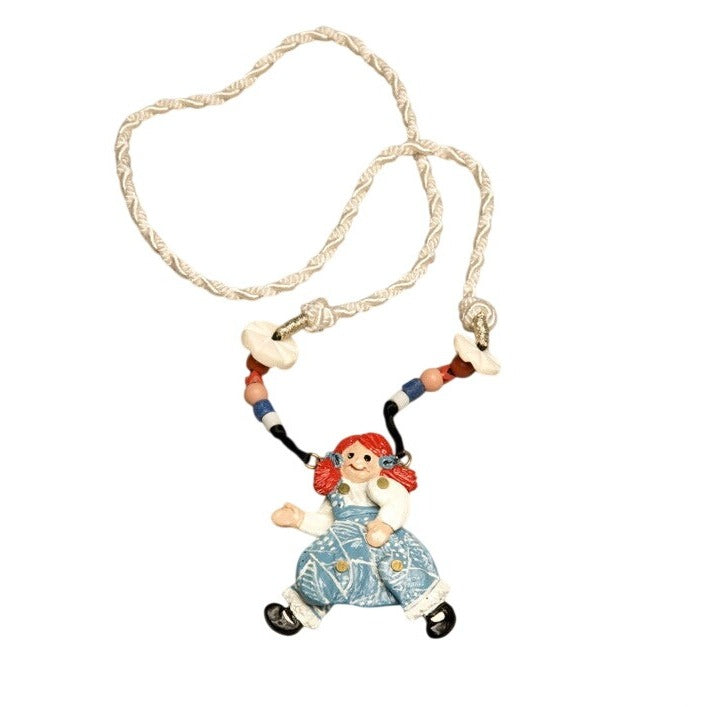 Rare 1992 Signed Dorian Designs Hand-Painted Articulated Raggedy Ann Necklace Hand-Carved Studio Art Fundraiser Supports Sustainable Fashion