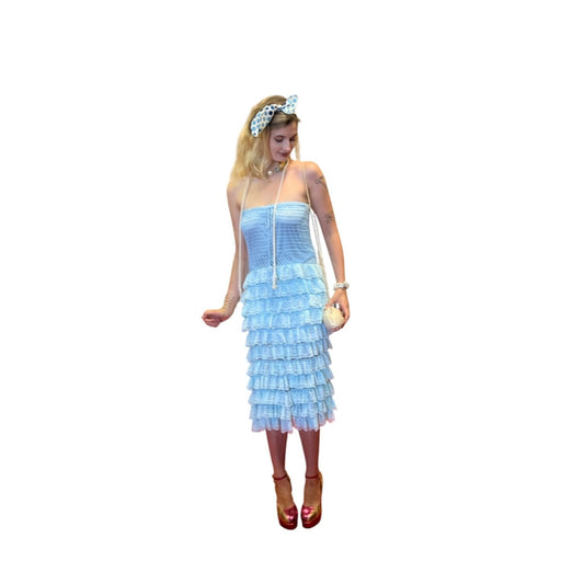 Blue Strapless Crochet Lace Ruffled Midi Dress