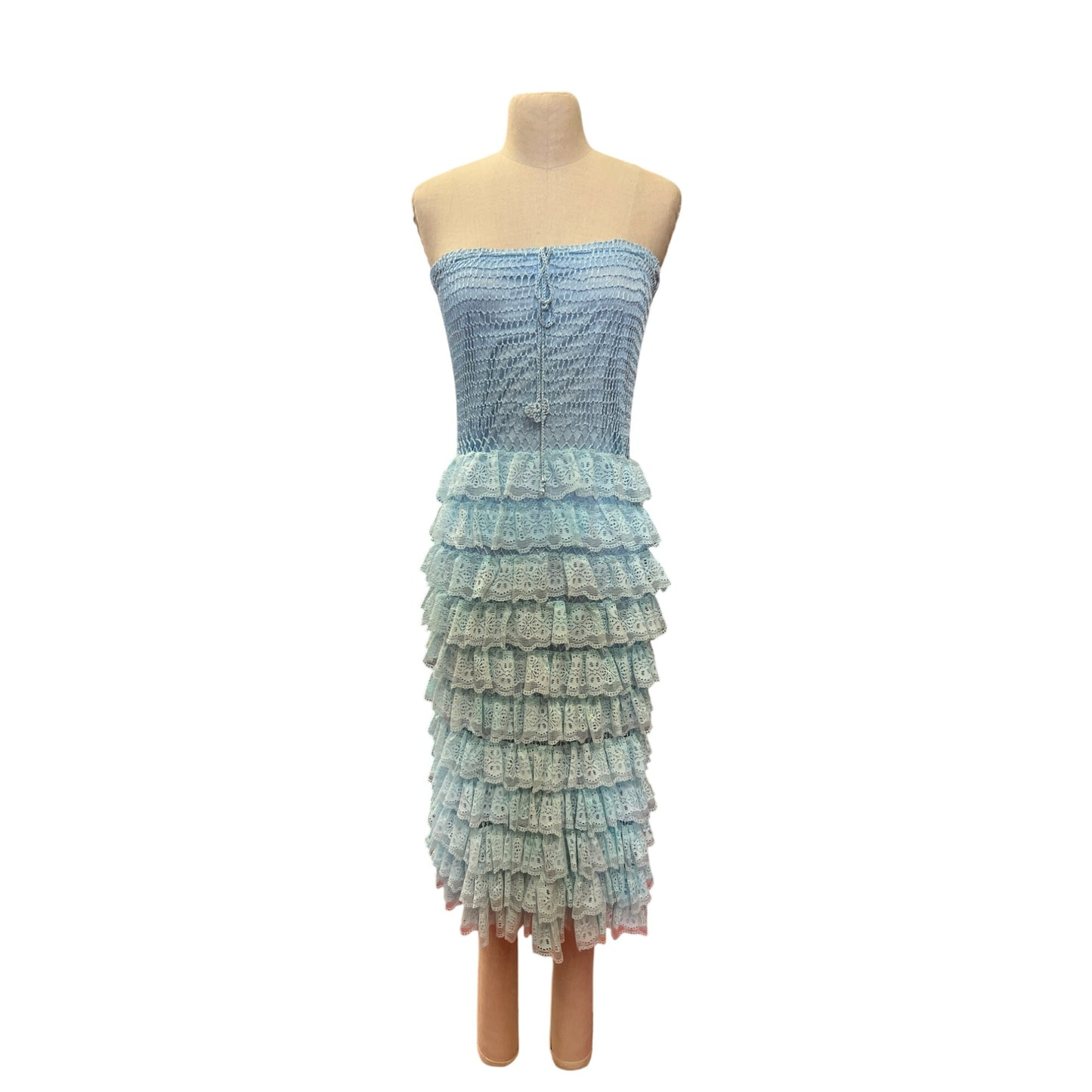Blue Strapless Crochet Lace Ruffled Midi Dress