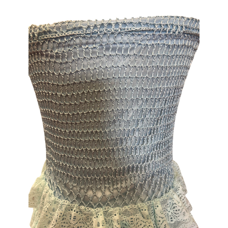 Blue Strapless Crochet Lace Ruffled Midi Dress