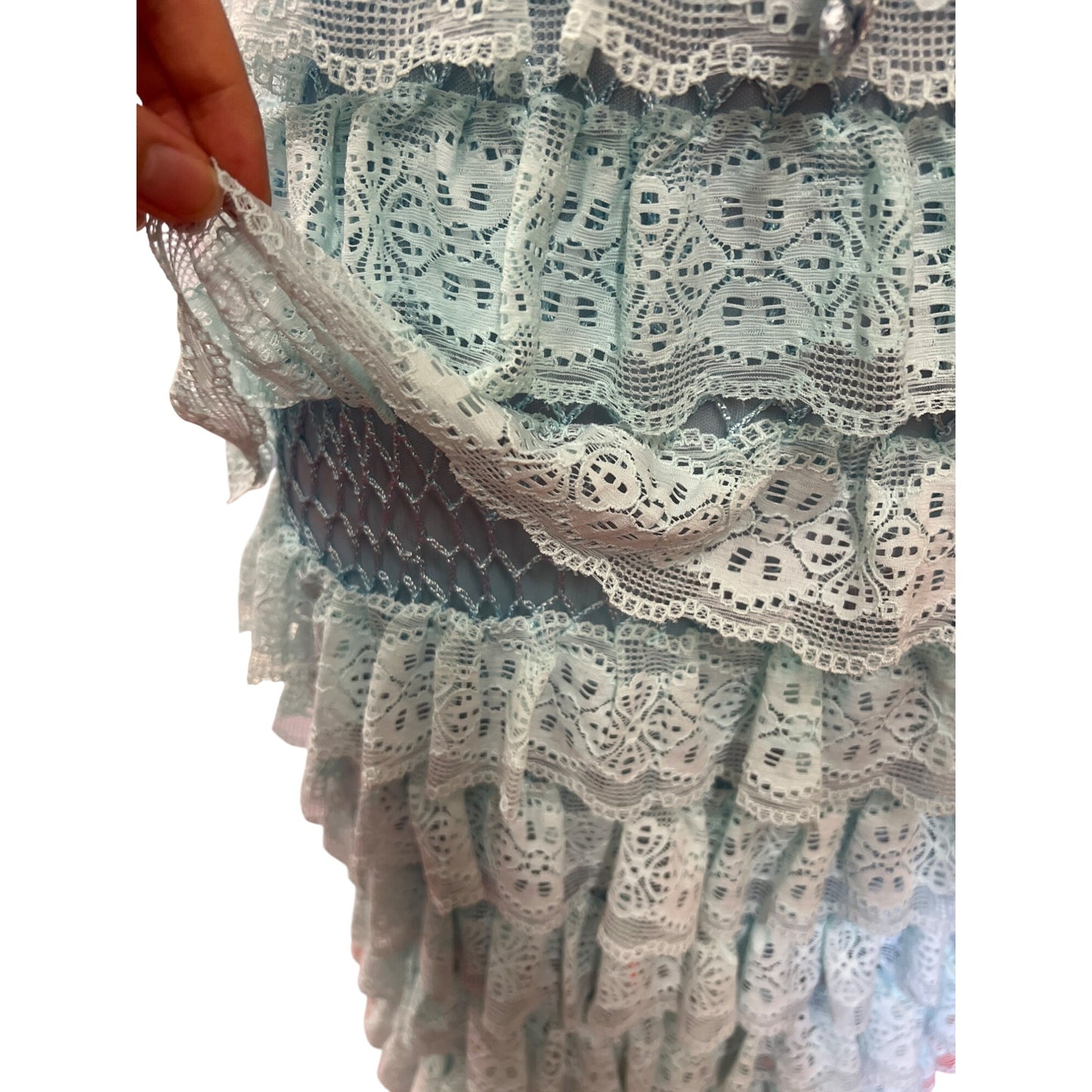 Blue Strapless Crochet Lace Ruffled Midi Dress