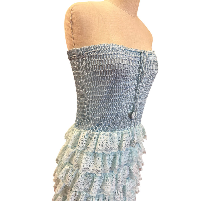 Blue Strapless Crochet Lace Ruffled Midi Dress