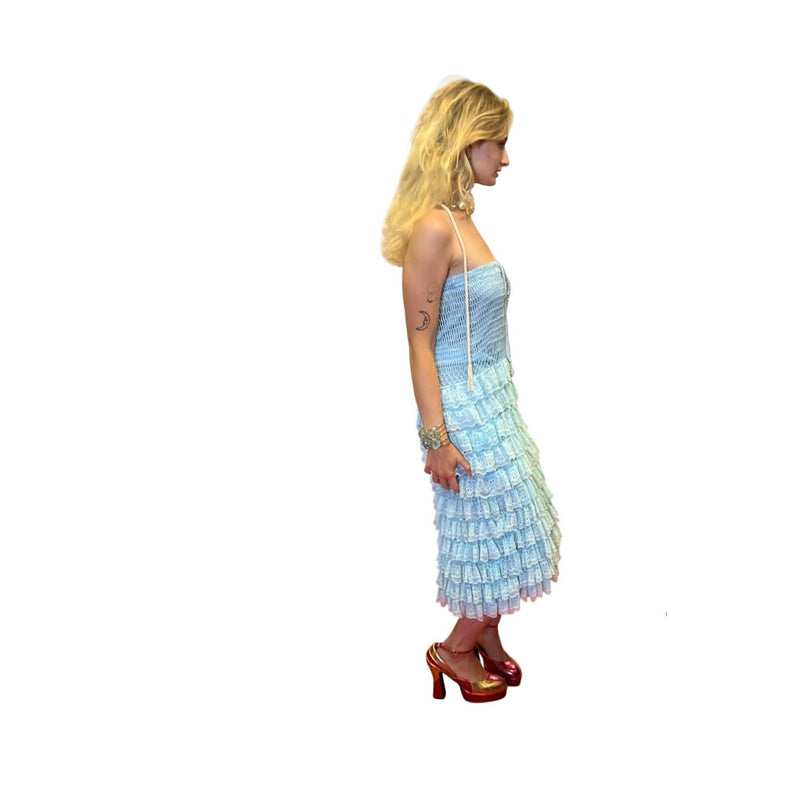 Blue Strapless Crochet Lace Ruffled Midi Dress