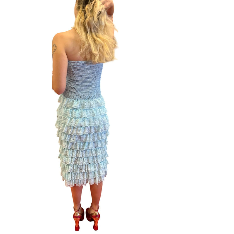 Blue Strapless Crochet Lace Ruffled Midi Dress