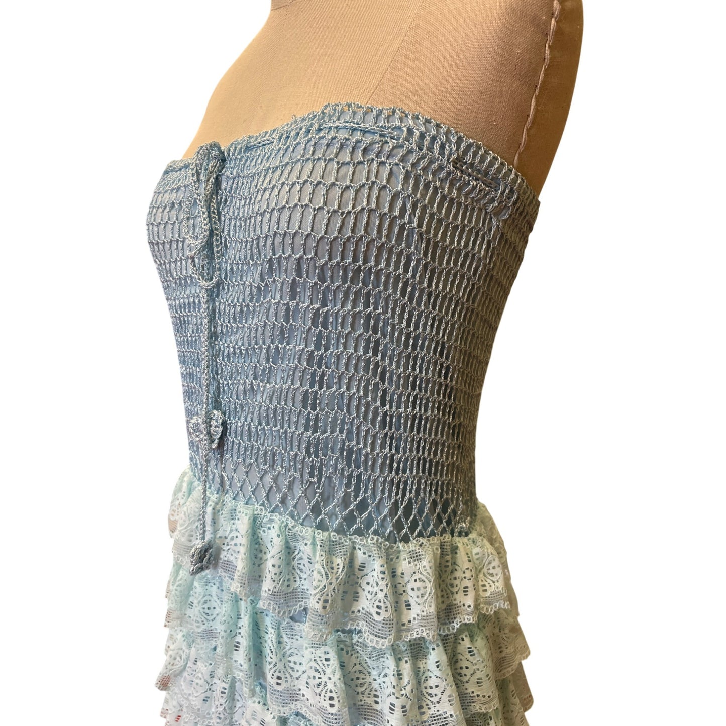 Blue Strapless Crochet Lace Ruffled Midi Dress