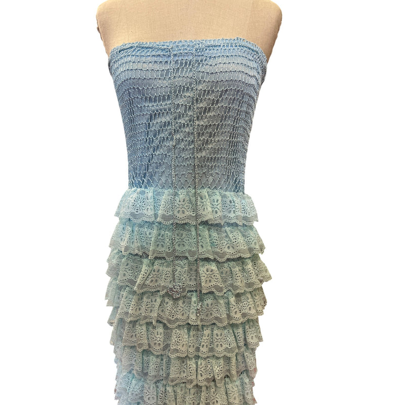 Blue Strapless Crochet Lace Ruffled Midi Dress