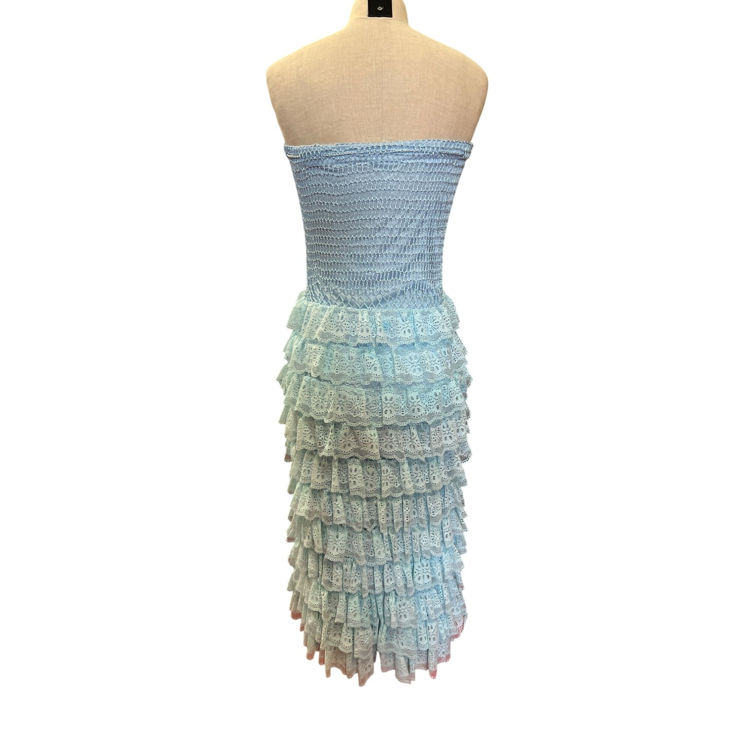 Blue Strapless Crochet Lace Ruffled Midi Dress