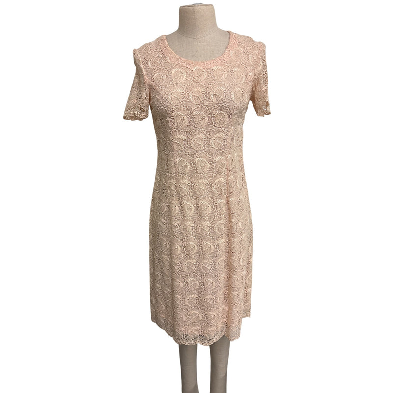 Vintage Handmade Blush Pink Lace Short Sleeve Sheath Dress Scalloped Hem, Fundraiser for Sustainable Fashion Education Program