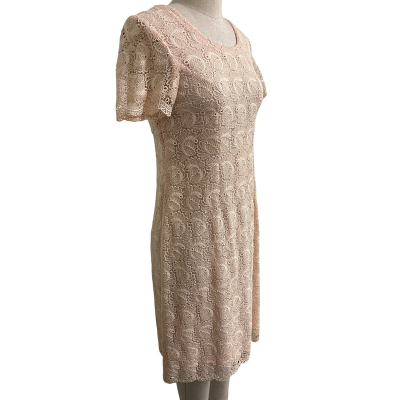 Vintage Handmade Blush Pink Lace Short Sleeve Sheath Dress Scalloped Hem, Fundraiser for Sustainable Fashion Education Program