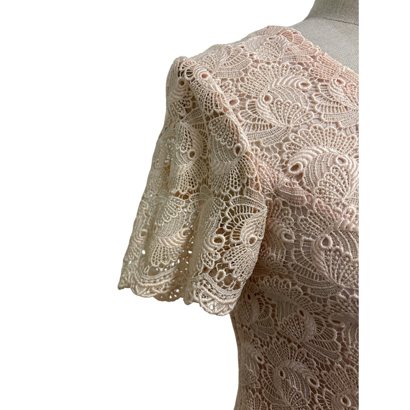 Vintage Handmade Blush Pink Lace Short Sleeve Sheath Dress Scalloped Hem, Fundraiser for Sustainable Fashion Education Program