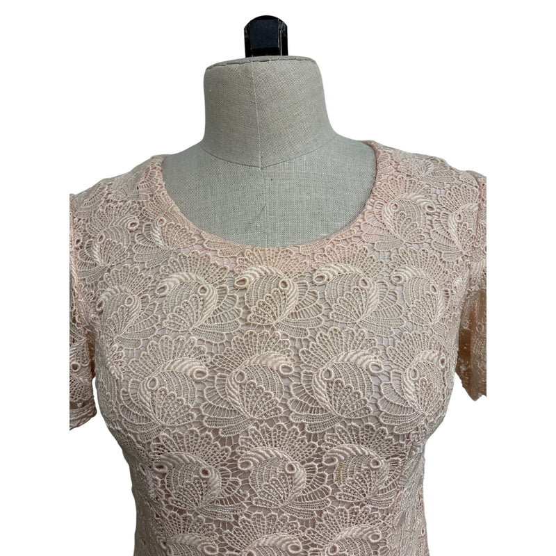 Vintage Handmade Blush Pink Lace Short Sleeve Sheath Dress Scalloped Hem, Fundraiser for Sustainable Fashion Education Program