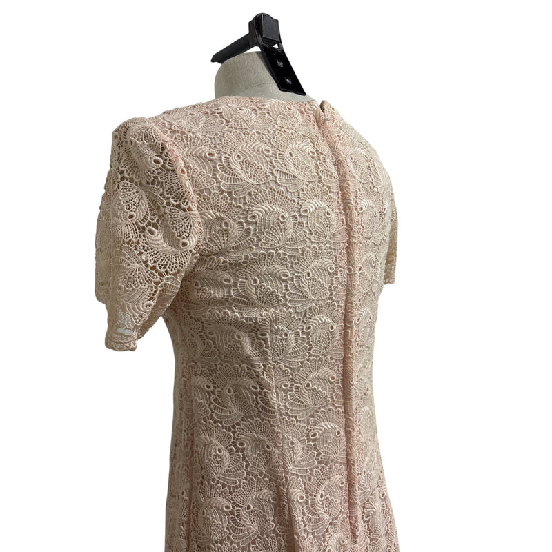 Vintage Handmade Blush Pink Lace Short Sleeve Sheath Dress Scalloped Hem, Fundraiser for Sustainable Fashion Education Program