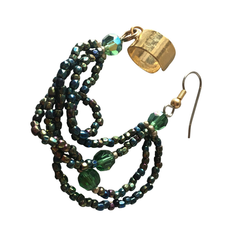 Vintage 1970s Gold Green Beaded Dangle Earrings With Ear Cuff Accent, Sustainable Fashion Education Fundraiser