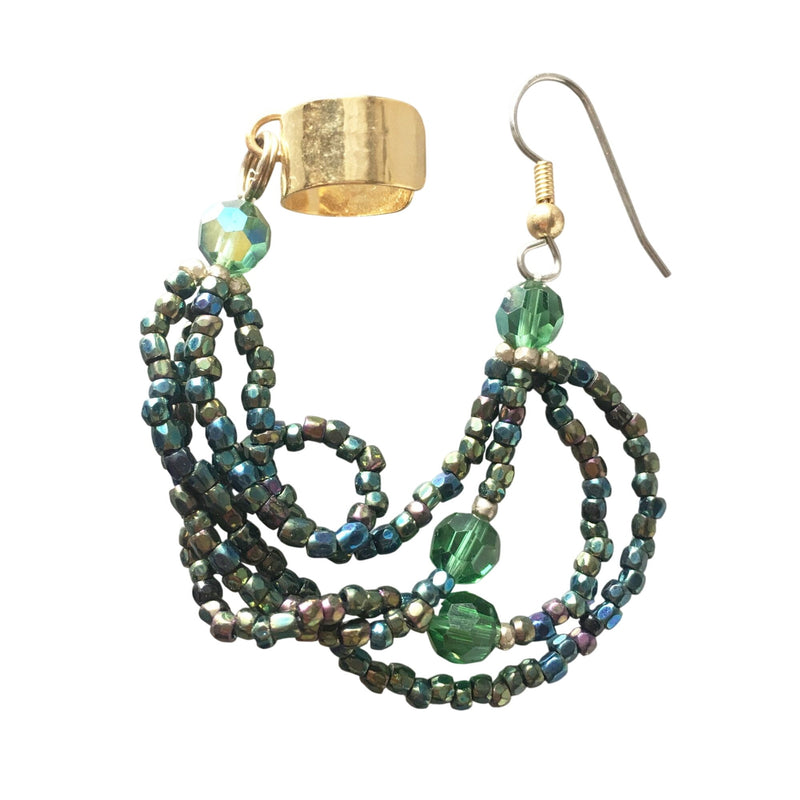 Vintage 1970s Gold Green Beaded Dangle Earrings With Ear Cuff Accent, Sustainable Fashion Education Fundraiser