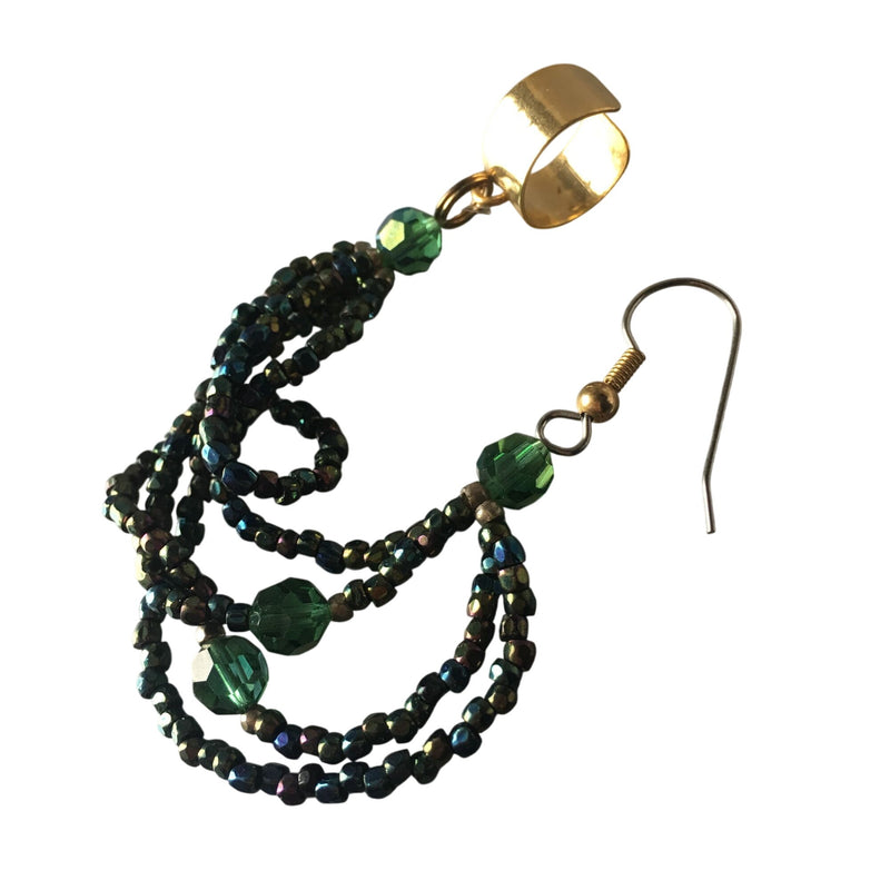 Vintage 1970s Gold Green Beaded Dangle Earrings With Ear Cuff Accent, Sustainable Fashion Education Fundraiser