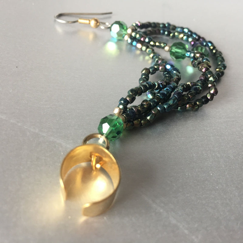 Vintage 1970s Gold Green Beaded Dangle Earrings With Ear Cuff Accent, Sustainable Fashion Education Fundraiser