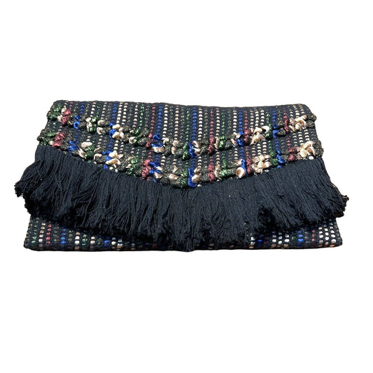 Stella and Dot Handwoven Boho Chic Fringe Foldover Clutch Purse With Multicolor Stripes & Bead Detailing
