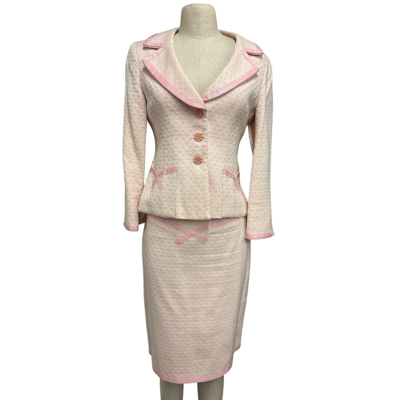 Vintage Y2K Nanette Lepore Blush Pink Boucle Skirt Suit Bow Ribbon Trim Daisy Buttons Two Piece, Sustainable Fashion Education Fundraiser