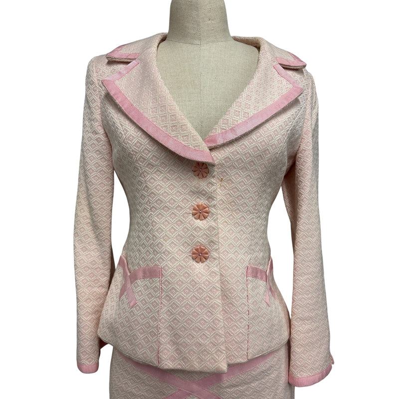 Vintage Y2K Nanette Lepore Blush Pink Boucle Skirt Suit Bow Ribbon Trim Daisy Buttons Two Piece, Sustainable Fashion Education Fundraiser