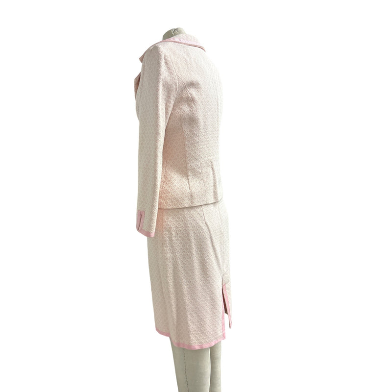 Vintage Y2K Nanette Lepore Blush Pink Boucle Skirt Suit Bow Ribbon Trim Daisy Buttons Two Piece, Sustainable Fashion Education Fundraiser