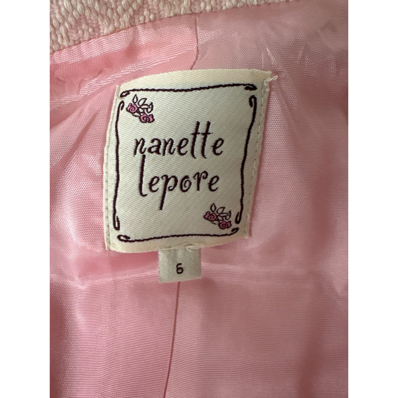 Vintage Y2K Nanette Lepore Blush Pink Boucle Skirt Suit Bow Ribbon Trim Daisy Buttons Two Piece, Sustainable Fashion Education Fundraiser