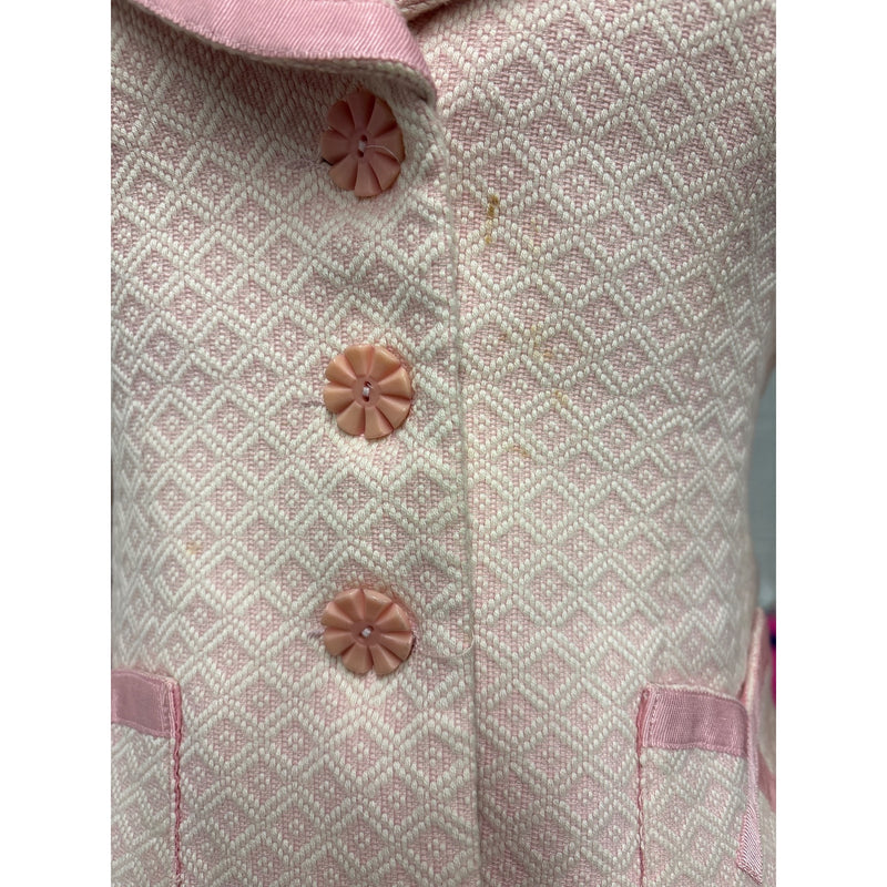 Vintage Y2K Nanette Lepore Blush Pink Boucle Skirt Suit Bow Ribbon Trim Daisy Buttons Two Piece, Sustainable Fashion Education Fundraiser