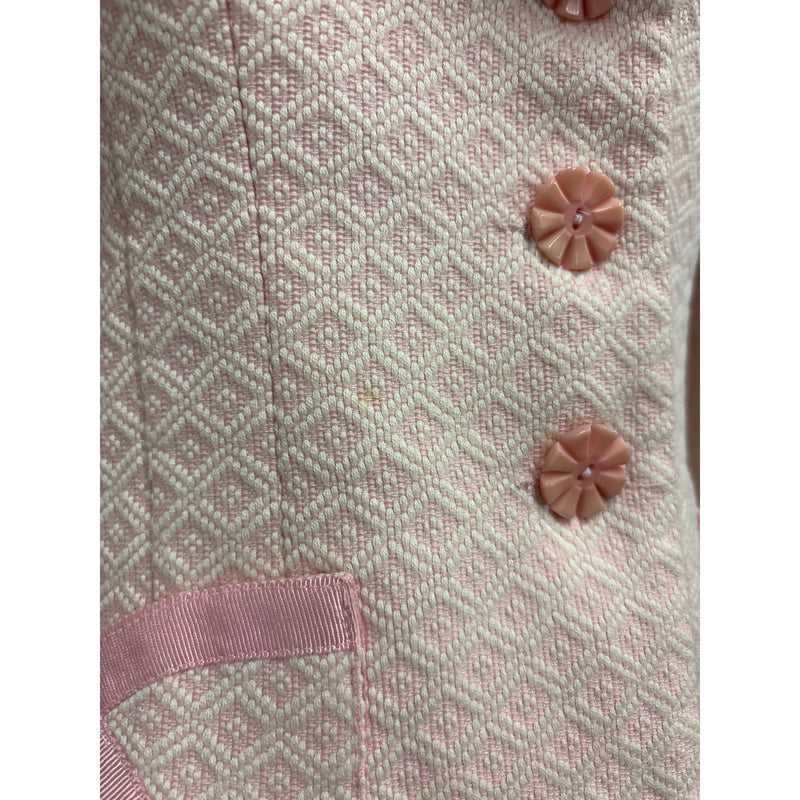 Vintage Y2K Nanette Lepore Blush Pink Boucle Skirt Suit Bow Ribbon Trim Daisy Buttons Two Piece, Sustainable Fashion Education Fundraiser