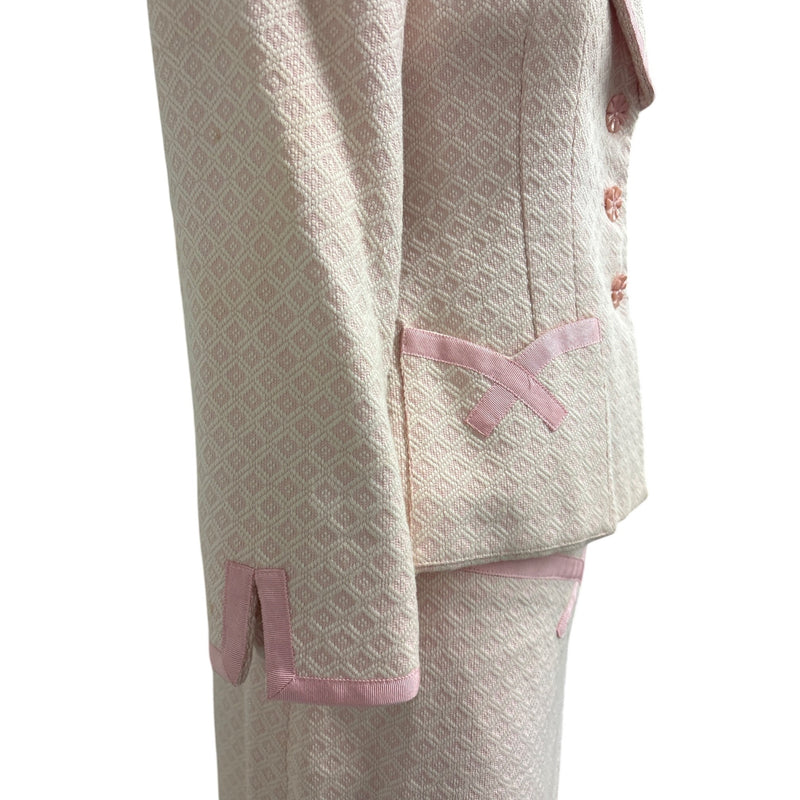 Vintage Y2K Nanette Lepore Blush Pink Boucle Skirt Suit Bow Ribbon Trim Daisy Buttons Two Piece, Sustainable Fashion Education Fundraiser