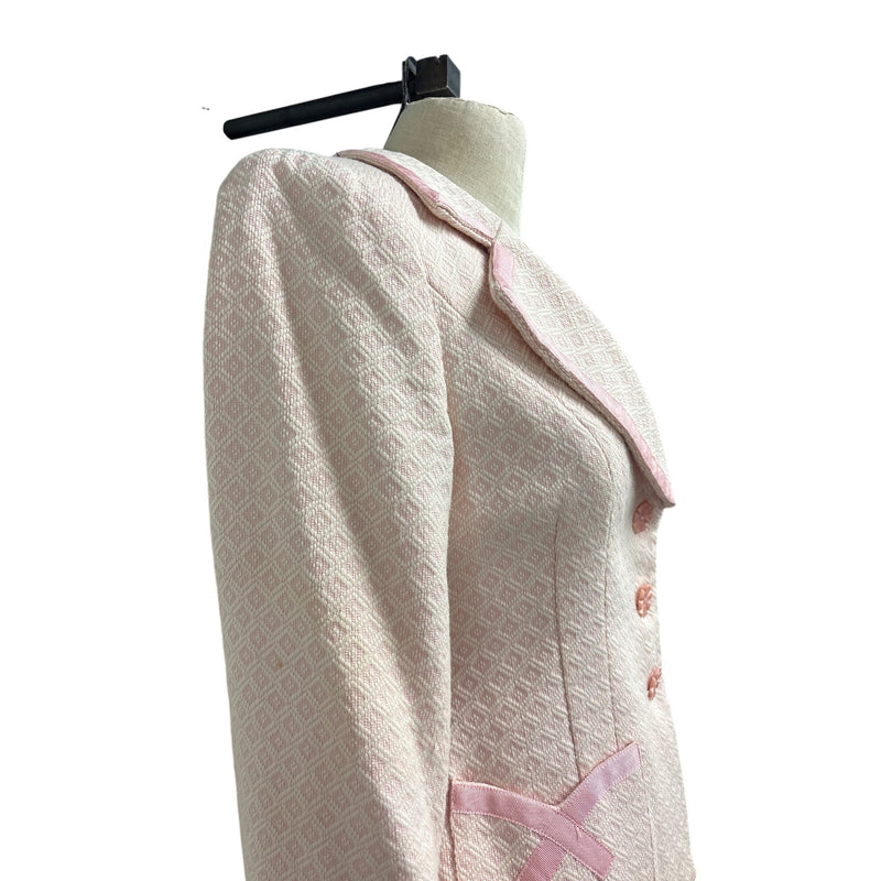 Vintage Y2K Nanette Lepore Blush Pink Boucle Skirt Suit Bow Ribbon Trim Daisy Buttons Two Piece, Sustainable Fashion Education Fundraiser