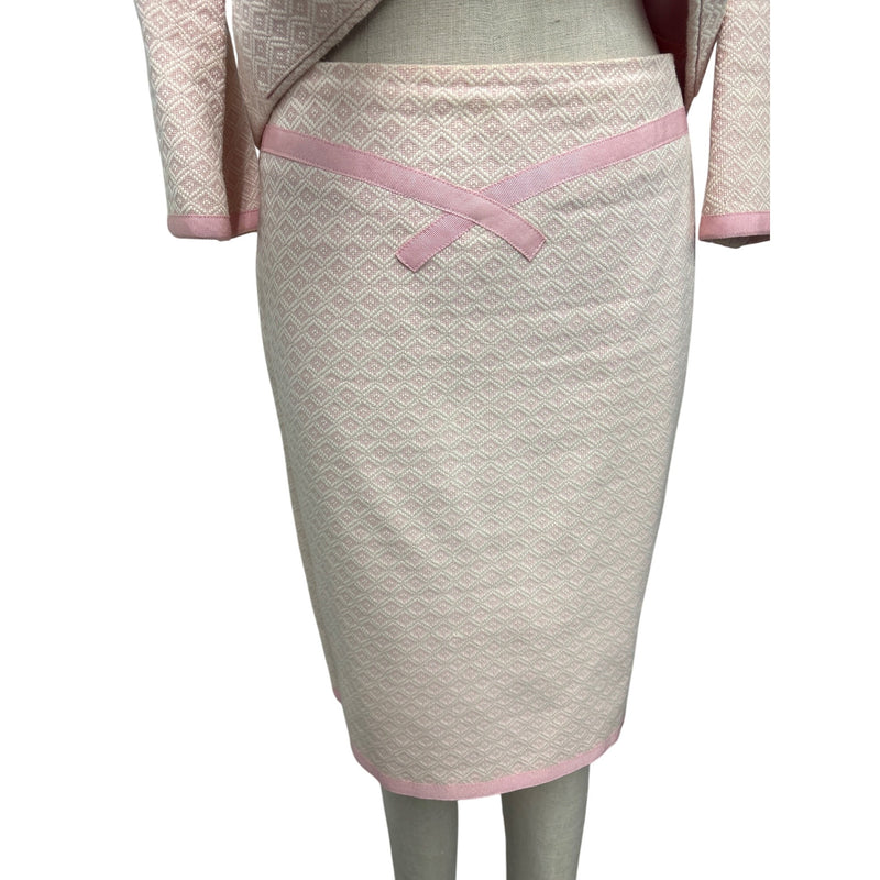 Vintage Y2K Nanette Lepore Blush Pink Boucle Skirt Suit Bow Ribbon Trim Daisy Buttons Two Piece, Sustainable Fashion Education Fundraiser