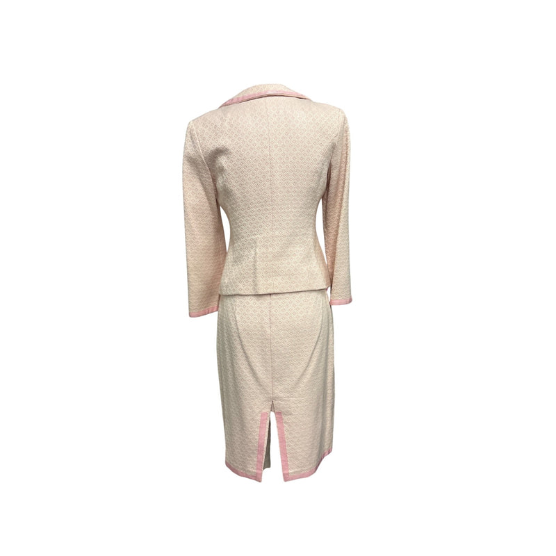 Vintage Y2K Nanette Lepore Blush Pink Boucle Skirt Suit Bow Ribbon Trim Daisy Buttons Two Piece, Sustainable Fashion Education Fundraiser