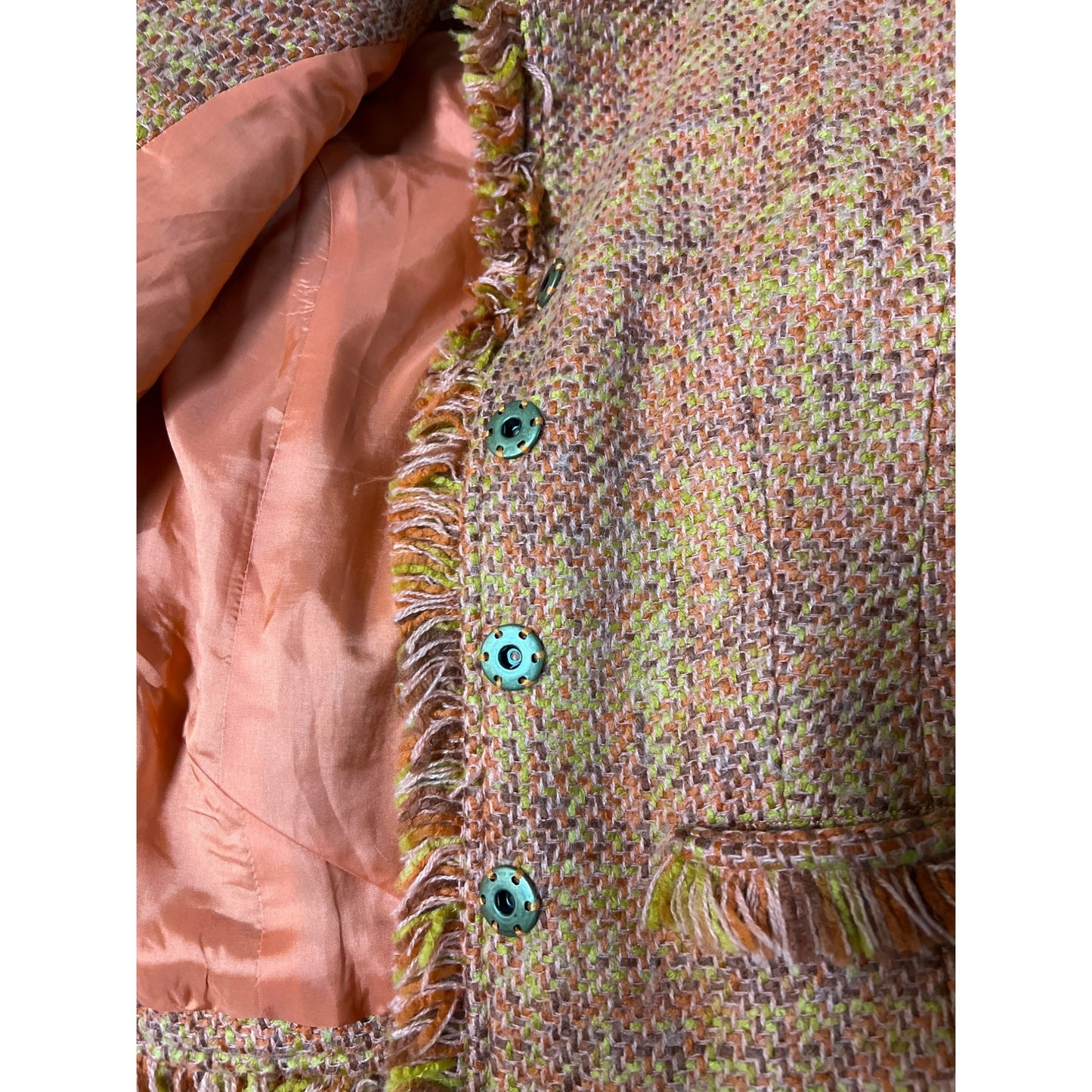British Khaki Wool Blend Tweed Jacket Size 2 Orange Tweed Jacket Fringe Detail Pockets Multicolor Women's Fashion Acrylic Wool Blazer