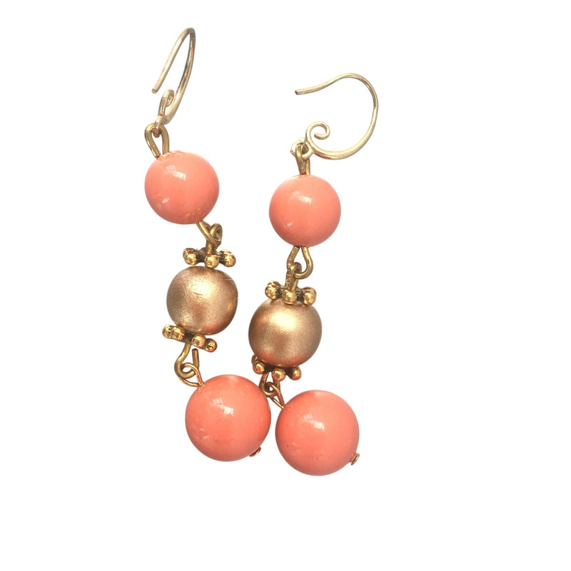 Coral Swarovski Pearls Gold Tone Beaded Drop Earrings Handmade By Gay Isber Elegant Statement Jewelry For All Occasions