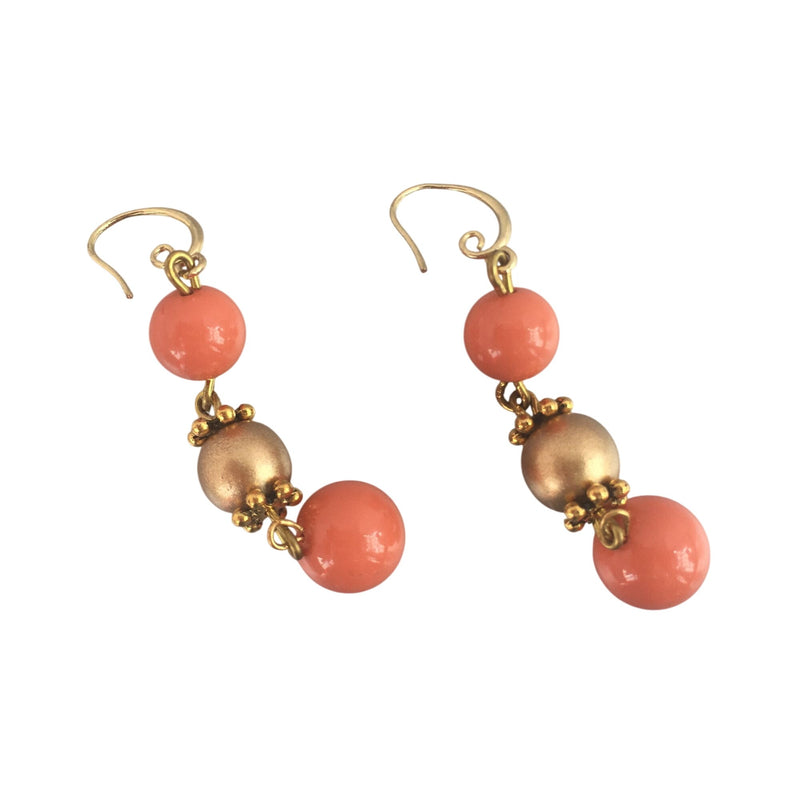 Coral Swarovski Pearls Gold Tone Beaded Drop Earrings Handmade By Gay Isber Elegant Statement Jewelry For All Occasions