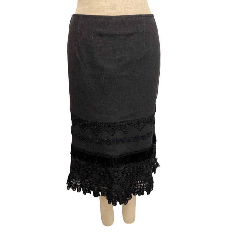 Nanette Lepore Black Lace & Fringe Trim Pencil Skirt Size 4 Cotton Spandex