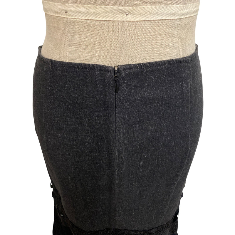 Nanette Lepore Black Lace & Fringe Trim Pencil Skirt Size 4 Cotton Spandex